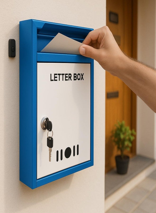 HOMIFLY صندوق بريد/اقتراحات/شكاوى مثبت على الحائط من هوم فلاي بحجم A4 للمكتب/المنزل مع نافذة شفافة وقفل مفتاح آمن - (أزرق) - Image 1